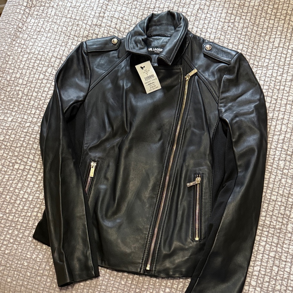 Karl Lagerfeld Leather Black Jacket with Gold Zippers